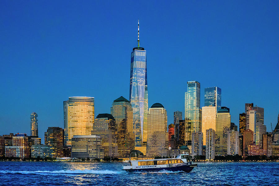Architecture Digital Art - New York City, Manhattan, Lower Manhattan, One World Trade Center, Freedom Tower, View From New Jersey Towards Lower Manhattan At Night #1 by Antonino Bartuccio
