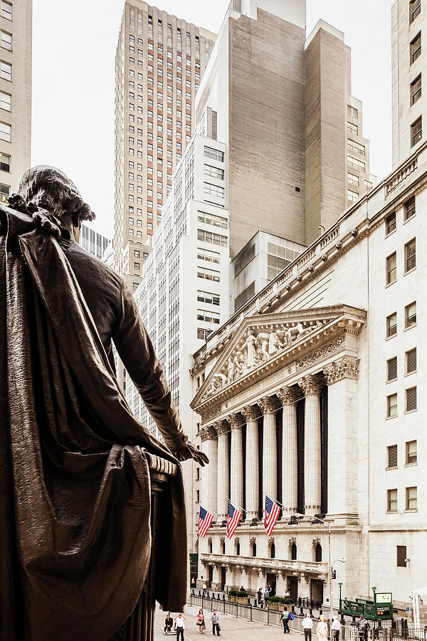 New York City, Manhattan, Lower Manhattan, Wall Street, New York Stock Exchange, Nyse, George Washington Statue Looks Out Over Wall Street From The Steps Of The Federal Hall #1 Digital Art by Antonino Bartuccio
