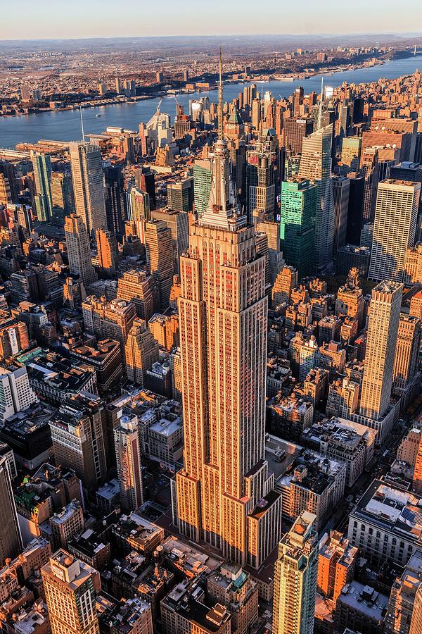 New York City, Manhattan, Midtown, Empire State Building, Aerial View Towards Empire State Building At Sunset #1 Digital Art by Antonino Bartuccio