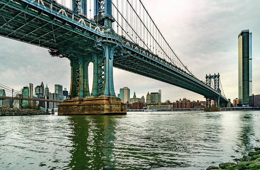 New York, New York City, Brooklyn, Manhattan Bridge And Lower Manhattan #1 Digital Art by Lumiere