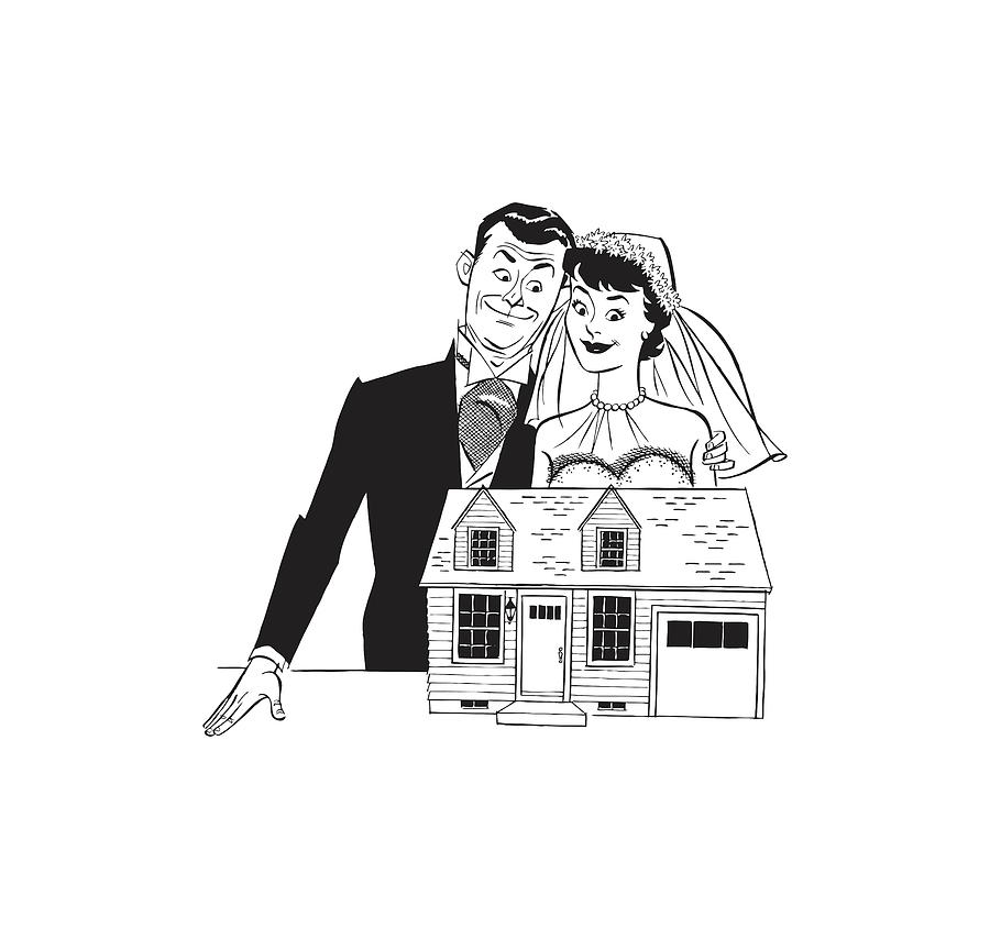 Black And White Drawing - Newlyweds in Front of Model of Home #1 by CSA Images