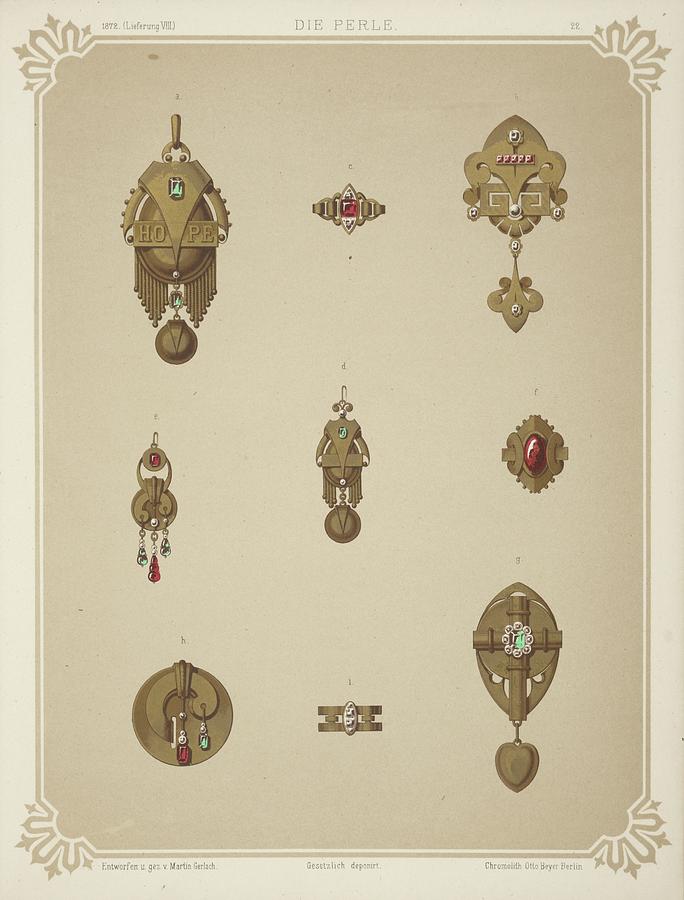 Nine Designs For Jewelry, Including Gold Brooch With Green Painting by Martin Gerlach Nine Designs For Jewelry, Including Gold Brooch With Green Painting by Martin Gerlach
