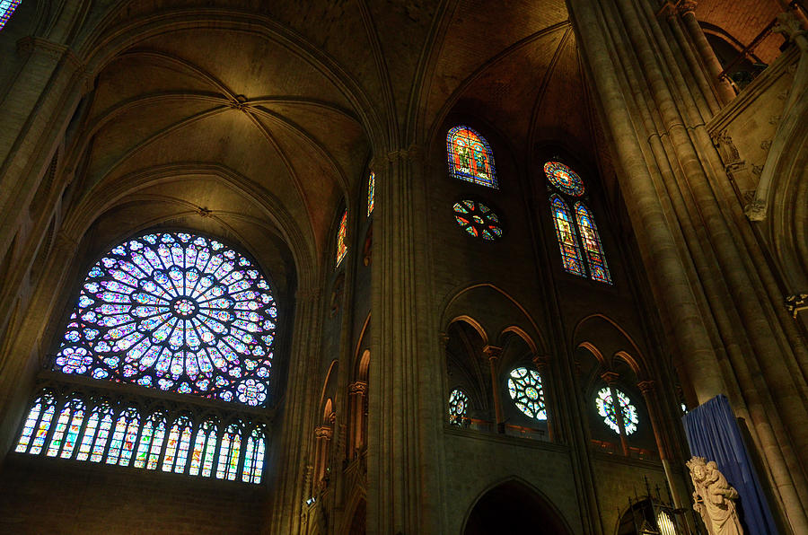 Nord rose window, vaults and stained glass windows in Notre Dame before ...