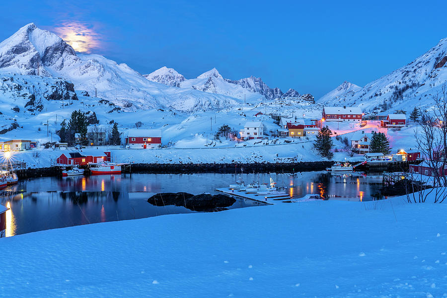 Norway, Nordland, Lofoten Islands, Flakstadoya, Harbor In Sund #1 Digital Art by Sebastian Wasek