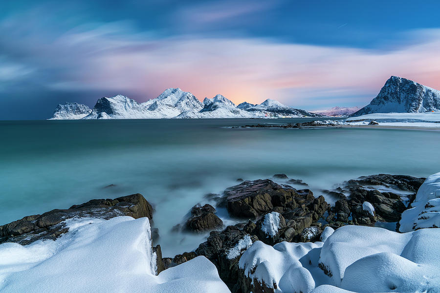 Norway, Nordland, Lofoten Islands, Flakstadoya, Storsandnes Beach In Moonlight #1 Digital Art by Sebastian Wasek