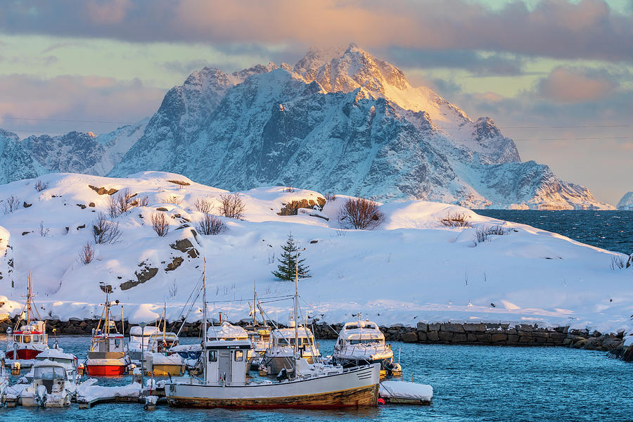 Norway, Nordland, Lofoten Islands, Vestvagoy, Stamsund Harbor #1 Digital Art by Sebastian Wasek