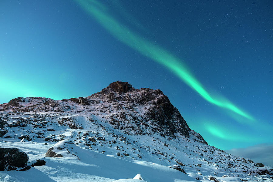 Norway, Nordland, Lofoten Islands, Vestvagoy, Uttakleiv Beach By Night With Aurora Borealis #1 Digital Art by Sebastian Wasek