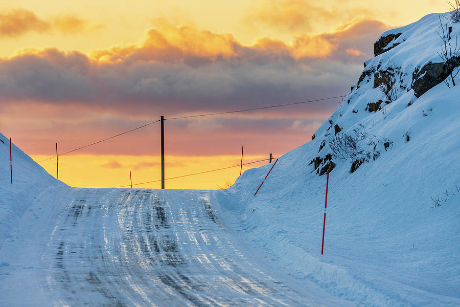 Norway, Nordland, Lofoten Islands, Vestvagoy, Winter Landscape Along Valbergsveien Road #1 Digital Art by Sebastian Wasek