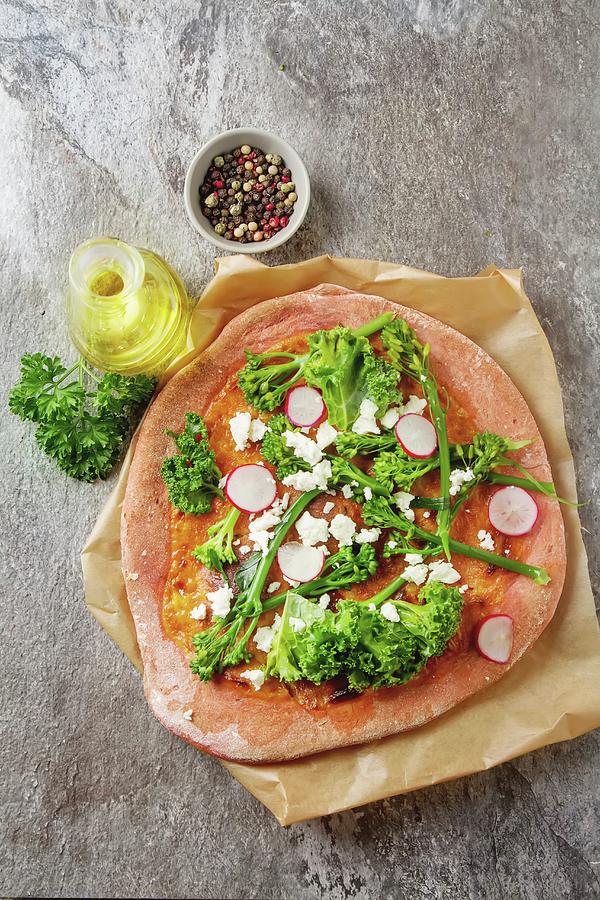 Not A Traditional Italian Pizza With Broccoli, Lettuce, Feta Cheese #1 Photograph by Naltik