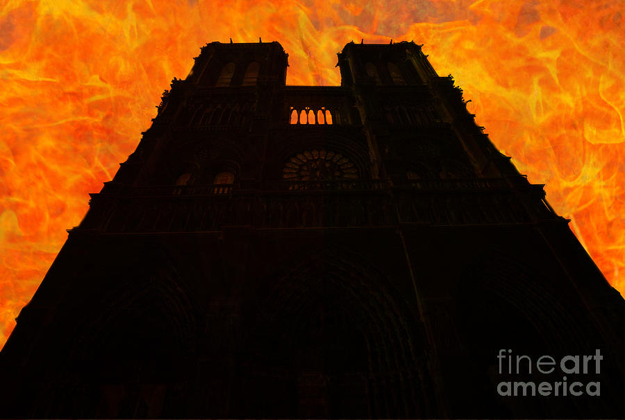 Notre Dame church silhouette on fire #1 Photograph by Benny Marty