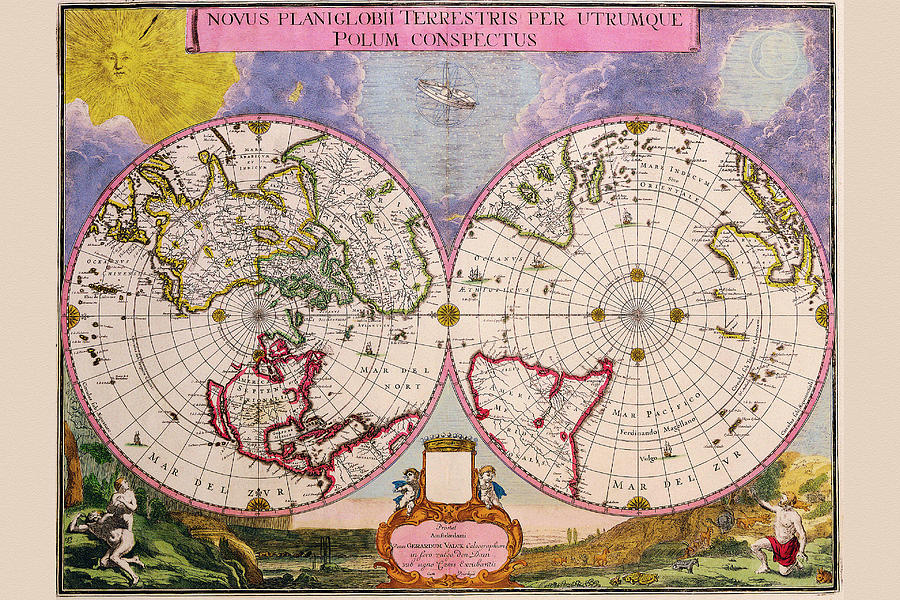 Novus Planiglobii Terrestris Per Utrumque Polum Conspectus; Stereographic Map of the World #1 Painting by Joan Blaeu