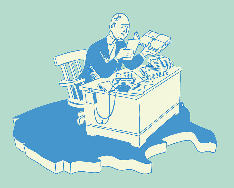 Vintage Drawing - Office Worker with Full Desk on top of USA #1 by CSA Images