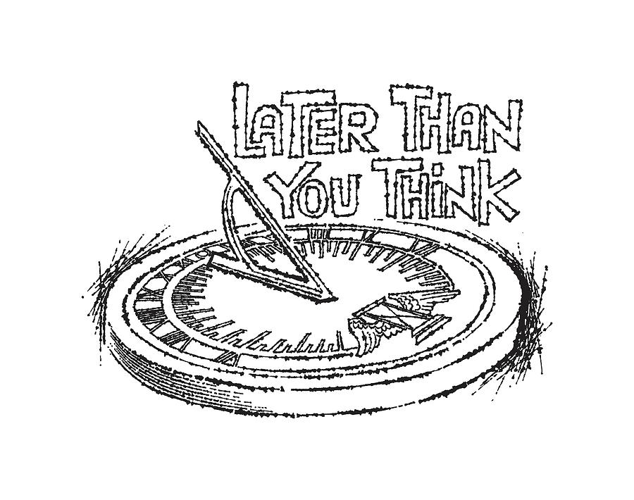 Black And White Drawing - Old fashioned sundial and urgent warning #1 by CSA Images
