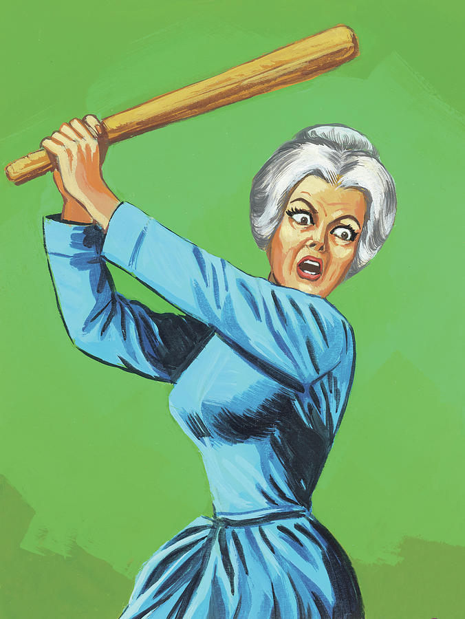 Baseball Drawing - Old Woman Wielding Baseball Bat #1 by CSA Images