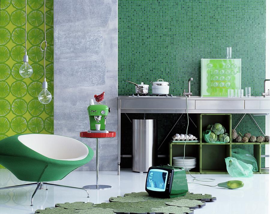 Open-plan Kitchen In Various Shades Of Green #1 Photograph by Matteo Manduzio