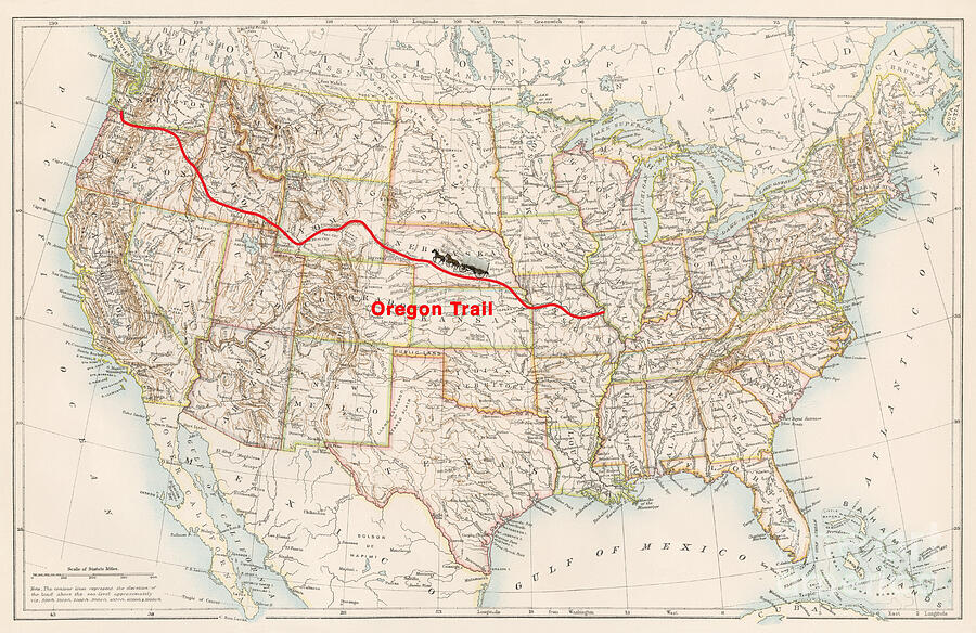 Map Drawing - Oregon Trail Route On An 1870s Map Of The Us by American School