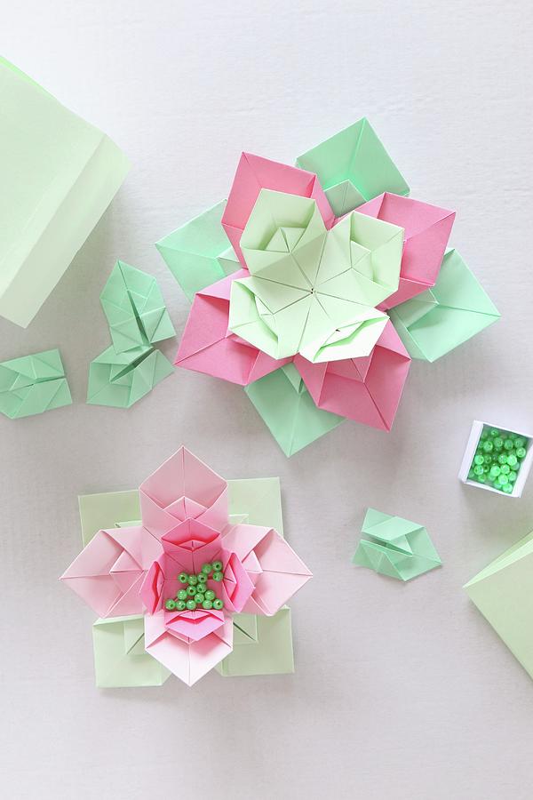 Origami Flowers Made From Paper Of Various Colours And Beads Photograph 