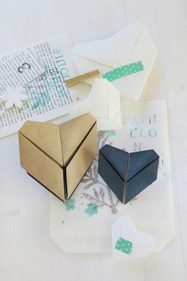 Origami Hearts And Washi Tape On Printed Paper #1 Photograph by Regina Hippel