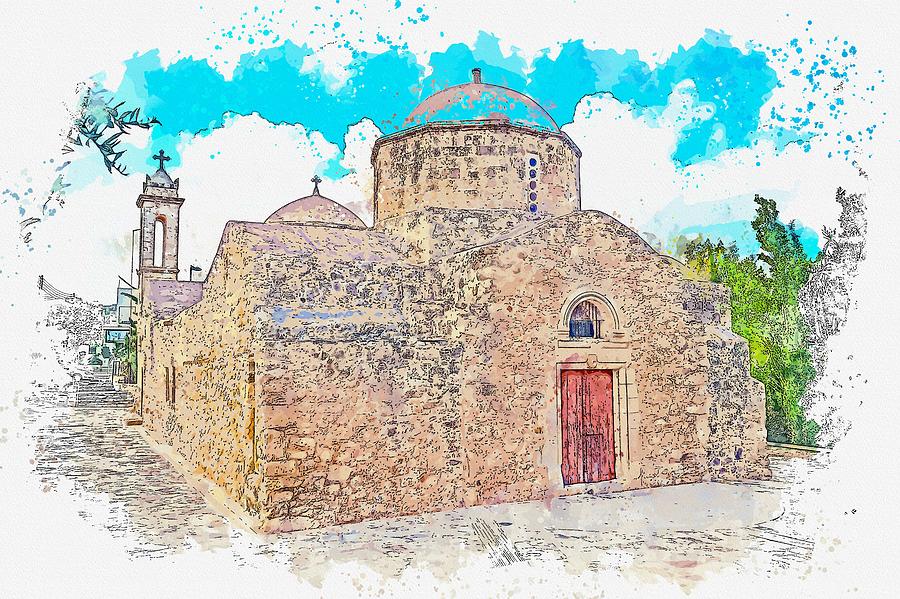 Architecture Painting - Orthodox Church in Empa Cyprus -  watercolor by Ahmet Asar #1 by Celestial Images