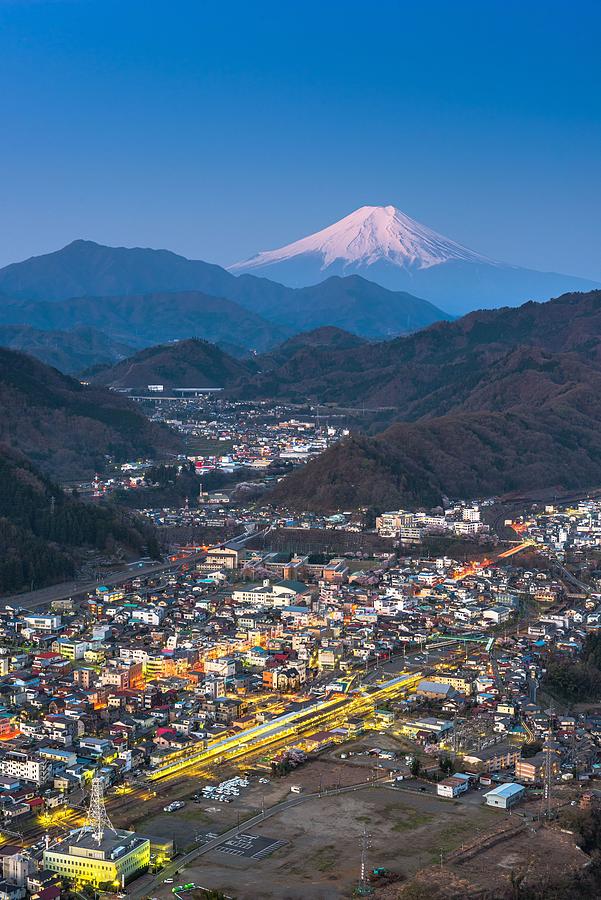Nature Photograph - Otsuki, Japan Skyline With Mt. Fuji #1 by Sean Pavone