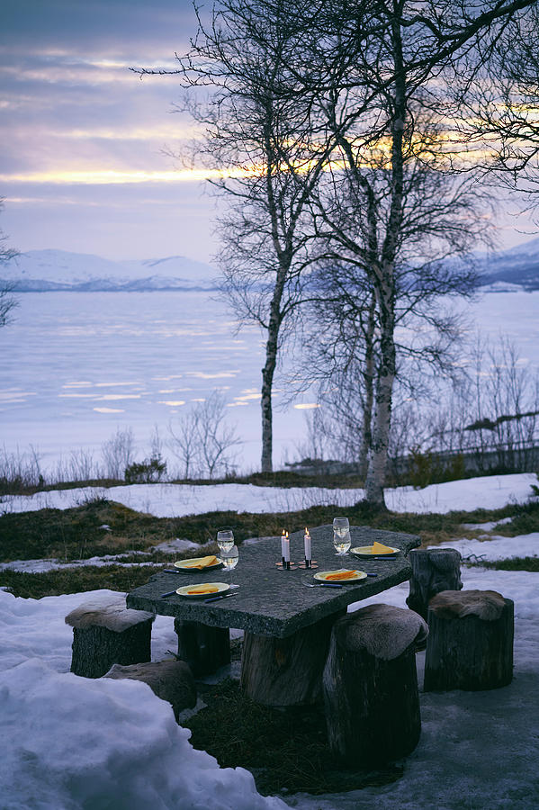 Winter Digital Art - Outdoor Table Set With Plates, Wine Glasses And Candles In Vasterbottens Lan, Sweden. #1 by Frank And Helena