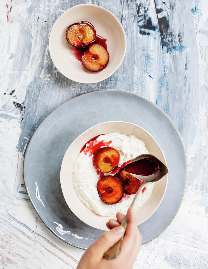 Oven-baked Plums On Semolina Pudding #1 Photograph by Anna Haas / Stockfood Studios