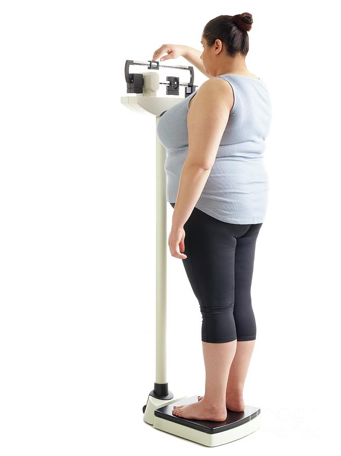 Obese Woman Standing Analog Bathroom Scale View Stock Photo by