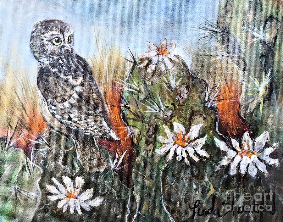 Owl Cactus Painting by Linda Shackelford