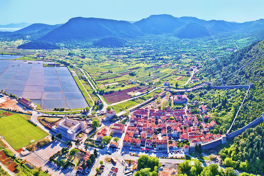 Panoramic aerial view of Ston historic walls and Peljesac penins #1 Photograph by Brch Photography