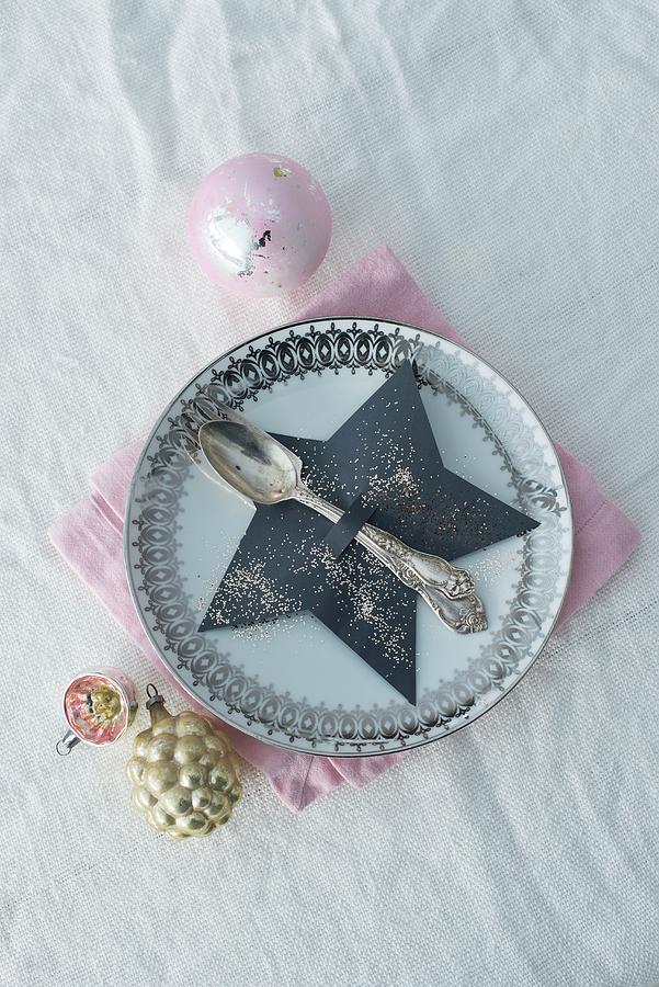 Paper Star-shaped Cutlery Holder On Plate With Vintage Decorations #1 Photograph by Patsy&christian
