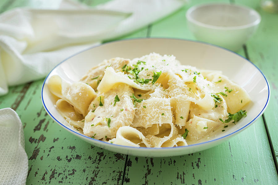 Pappardella With Chicken Alfredo Sauce And Chopped Parsley #1 Photograph by Osmykolorteczy