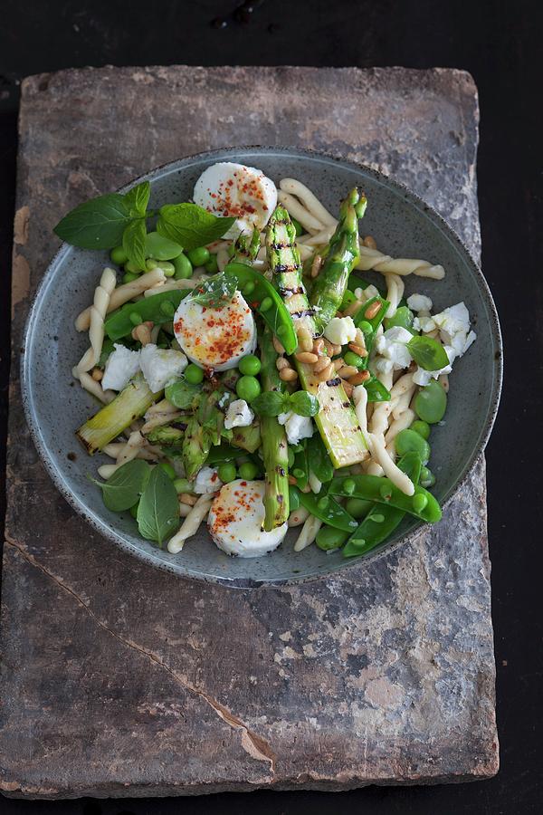 Pasta With Beans, Grilled Asparagus, Goats Cheese And Mint #1 Photograph by Eising Studio