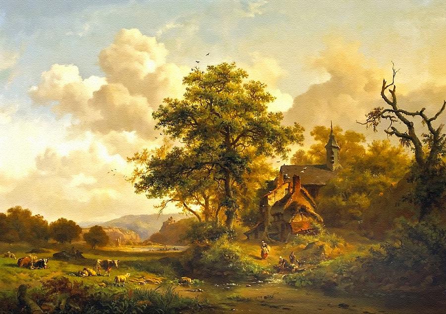Peaceful Landscape With Washer Women And Resting Cattle And Sheep - After Painting By F. Kruseman Digital Art