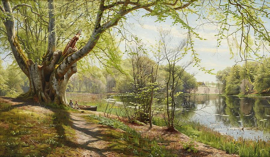 PEDER MONSTED Denmark 1859 1941 Greenland spring landscape with seated children at the edge of the b #1 Painting by Celestial Images