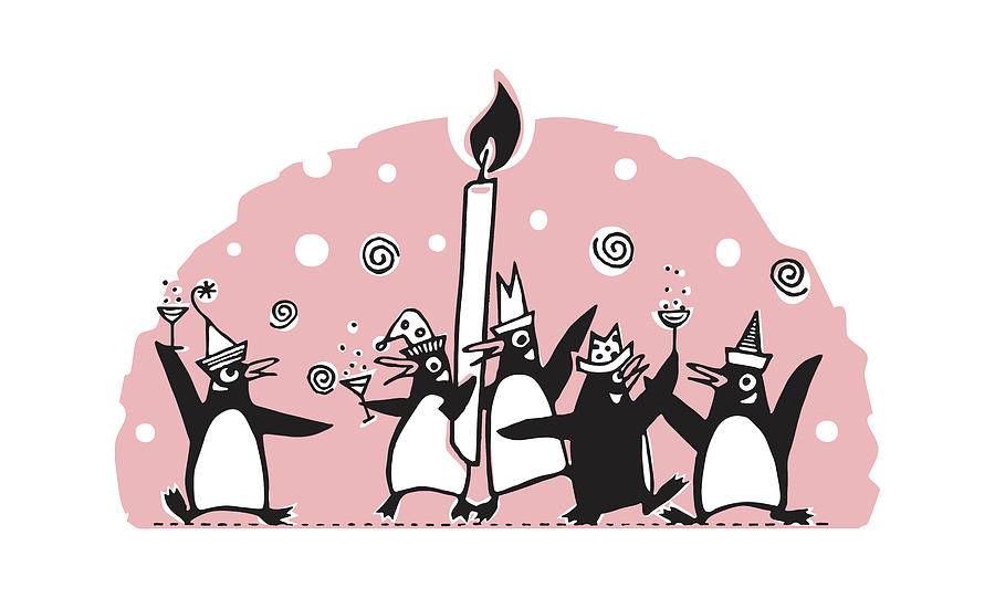 Christmas Drawing - Penguins Celebrating New Years Eve #1 by CSA Images