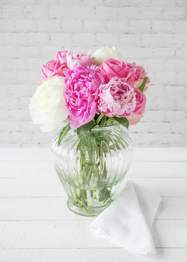 Peonies In Glass Vase #1 Photograph by Emma Friedrichs