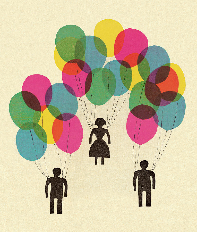 Vintage Drawing - People Holding Balloons #1 by CSA Images
