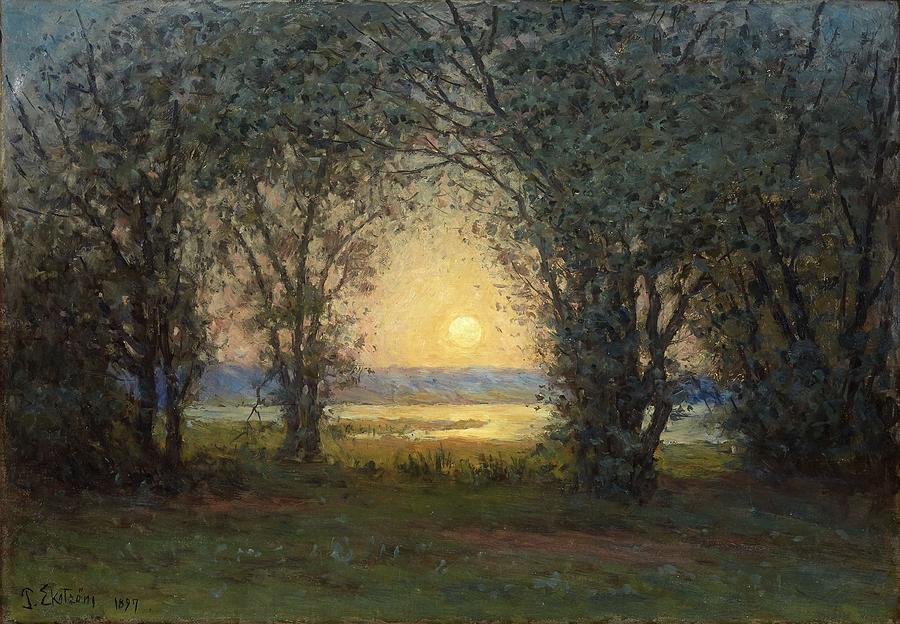 PER EKSTROM 1844 1935 Lake landscape with trees at sunset #1 Painting by Celestial Images