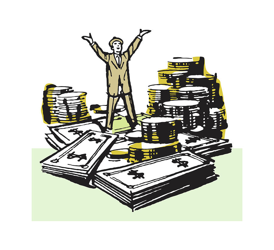 Vintage Drawing - Person Standing on Stacks of Money #1 by CSA Images