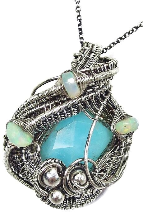 Peruvian Blue Opal Wire Wrapped Pendant In Antiqued Sterling Silver