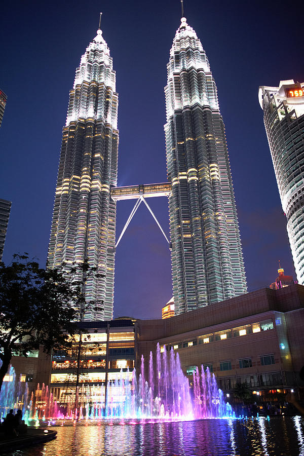 Petronas Towers Illuminated At Night, Low Angle View, Kuala Lumpur ...