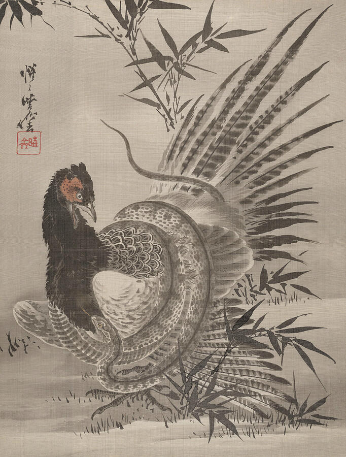 Pheasant Caught by a Snake, from circa 1887 Painting by Kawanabe Kyosai