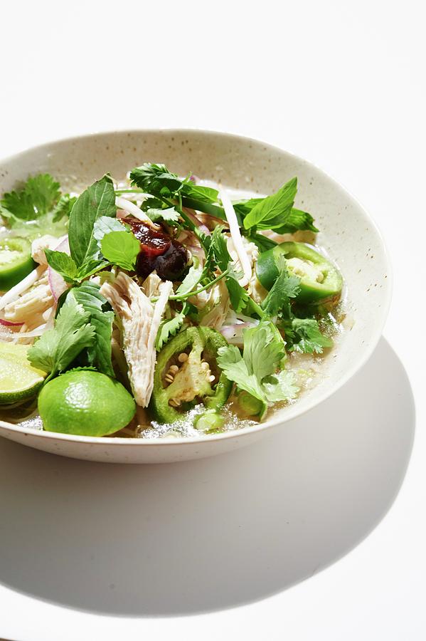 Pho Ga rice Noodle Soup With Chicken, Coriander, Bean Sprouts, Jalapeos And Limes, Thailand #1 Photograph by Greg Rannells