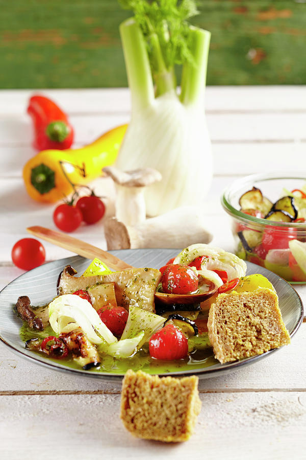 Pickled Mediterranean Vegetables With Bread #1 Photograph by Teubner Foodfoto