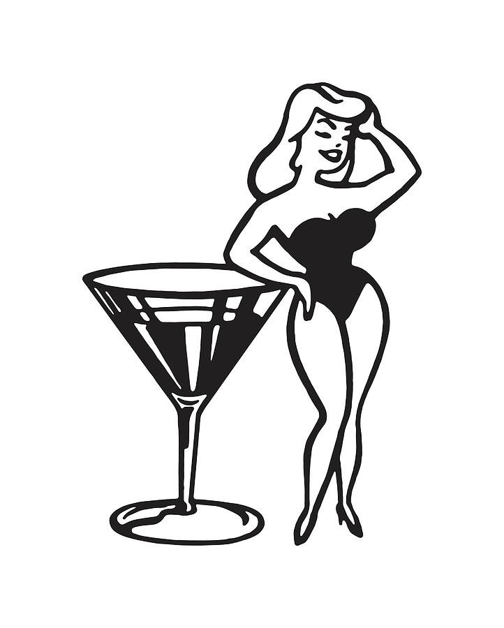 Black And White Drawing - Pin Up Girl Next to Large Martini #1 by CSA Images