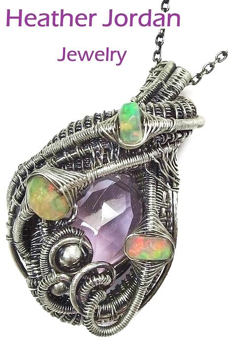 Amethyst Pendant Jewelry - Pink Amethyst Wire-Wrapped Pendant in Antiqued Sterling Silver with Ethiopian Welo Opals #1 by Heather Jordan