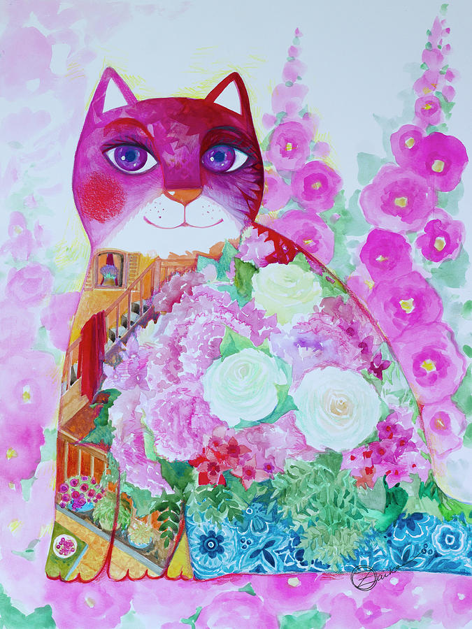 Cat Painting - Pink Cat #1 by Oxana Zaika