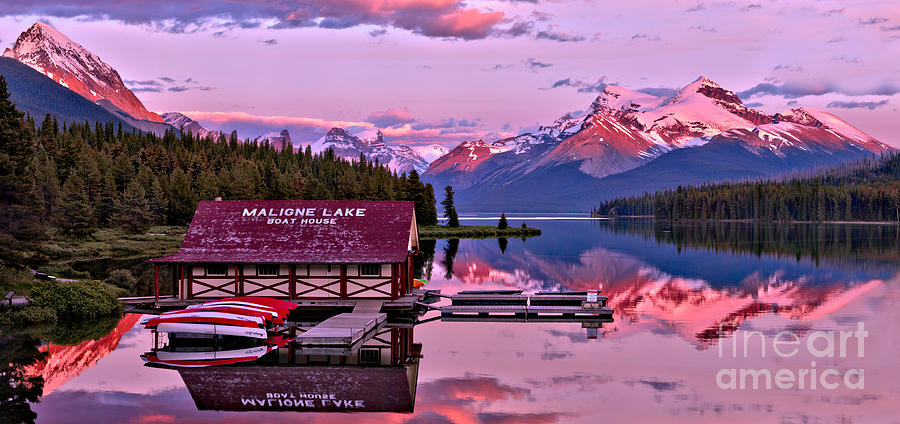 Pink Maligne Lake Sunset Panorama #1 Photograph by Adam Jewell