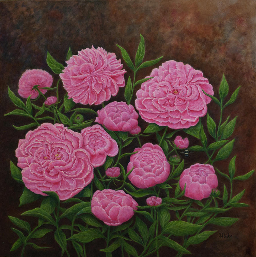Pink Peonies with Bee and Three Ants three Ants Painting by Gay Pautz