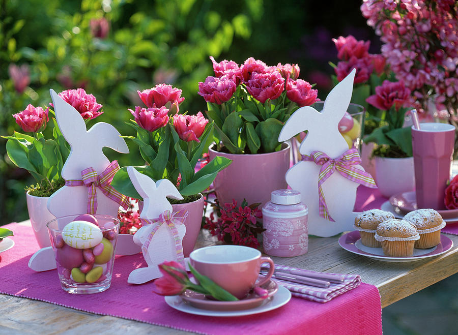 Pink Table Decoration With Tulips For Easter #1 Photograph by Friedrich Strauss